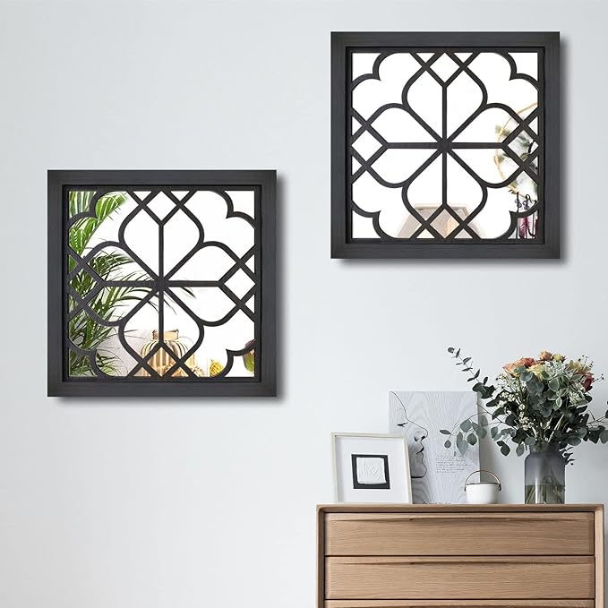 Wocred 2 PCS Square Wall Mirror,Gorgeous Rustic Farmhouse Accent Mirror,Black Entry Mirror for Bathroom Renovation,Bedrooms,Living Rooms and More(20”x20”)