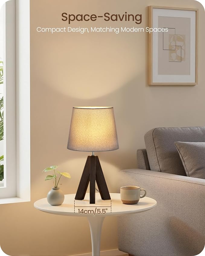 Tripod Table Lamp, 14.6" Small Bedside Lamp, Modern Nightstand Lamp with Gray Shade & Dark Walnut Base, Boho Desk Lamp for Bedroom, Kids Room, Living Room, Study, E26 Socket, VH51TL05