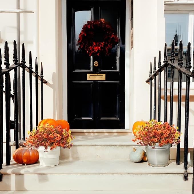 Artificial Mums Fake Fall Flowers for Outdoors Decoration, 12 Bundles Realistic Autumn Silk Daisy Faux Plants UV Resistant Decor for Home Garden Porch Patio Yard Balcony Window (Yellow Brown Orange)