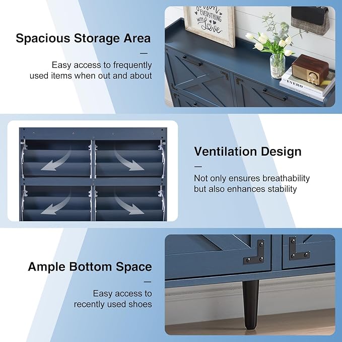 Shoe Storage Cabinet,Farmhouse Shoe Organizer with 4 Flip Drawers & Barn Door Design,Freestanding Hidden Slim Narrow Shoe Rack Cabinet for Entryway,Foyer,Hallway,Navy Blue