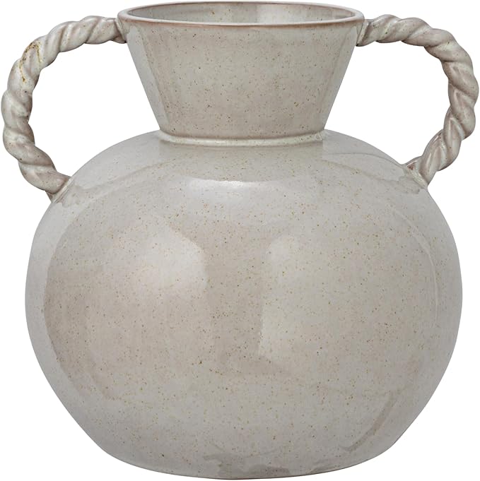 9.25 Inches Stoneware Vase with Twisted Handles and Reactive Glaze, Cream Color