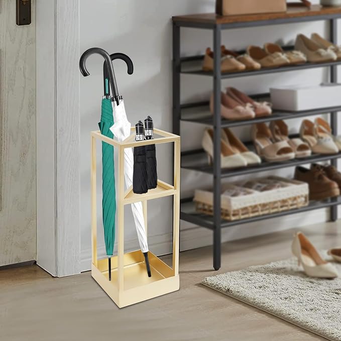 Umbrella Rack for Entryway, Modern Metal 20.87in Tall Freestanding Umbrella Holder with Built-in Shelf, Compact Storage for Long&Short Stick Rain Umbrellas and Walking Canes (Golden)