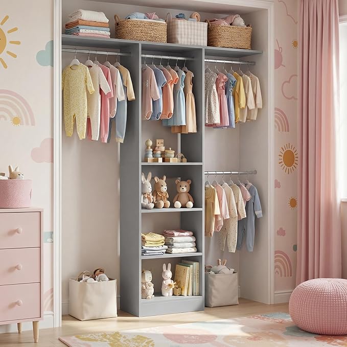 Cyclysio 4FT Small Closet System, 80"H Closet Organizer System with 4 Closets Rods & 3 Shelves, 48" Closets Organizers and Storage for Small Bedrooms, Laundry Rooms, Cloakrooms, Grey