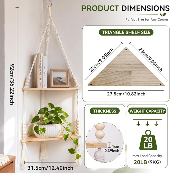 Artilady Macrame Wall Hanging Corner Shelf 2-Tier, Adjustable Boho Stable Shelves Display for Indoor Plants Candle Holder, Rustic Bedroom Living Room Home Decor (Beige 2-Tier Beads)