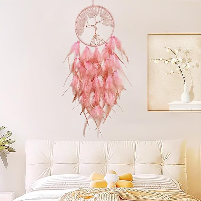 Pink Dream Catcher Wall Decor Crystal Tree of Life Dream Catchers Handmade Feather Dreamcatcher Wall Hanging Ornament for Bedroom Living Room Home Decor
