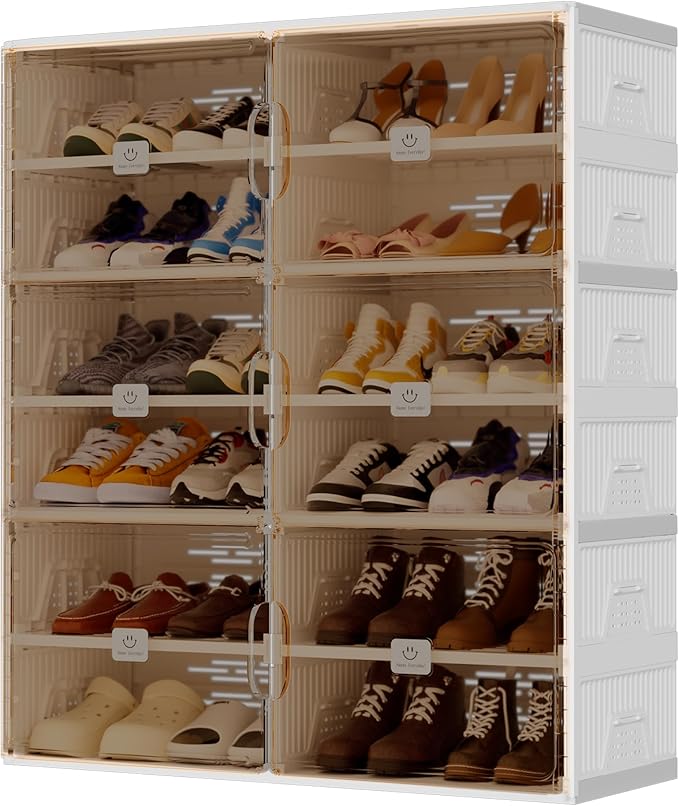 Foldable Shoe Rack Organizer for Entryway with Clear Magnetic Doors - Large Capacity Shoe Cabinet for Boots, Sneakers & All Shoes, Easy Assembly, White 6-Tier 24 Pairs