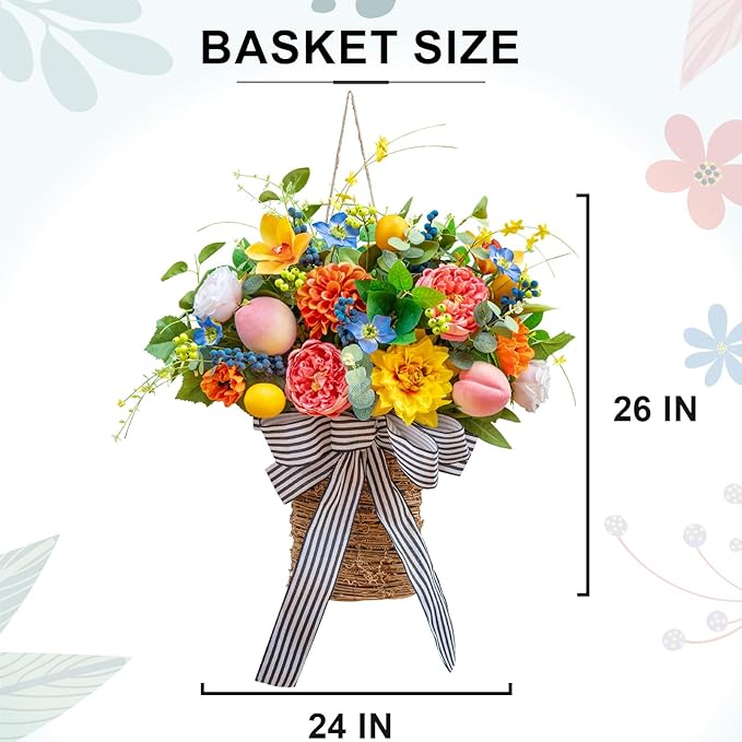 Pinkpuii Spring Summer Door Hanger Basket Wreaths for Front Door, Artificial Peony Hydrangea Flower Wreath with Blueberries & Realistic Peach & Lemon- Ideal for Home Porch Entryway Window Wall Decor