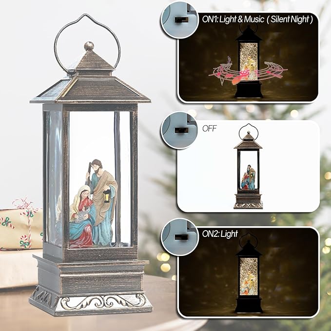 12" Christmas Snow Globe Lantern with Nativity - Water Swirling Glitter LED Light Lantern with Music - Vintage Xmas Gifts - USB Plug or Battery Operated Home Decor (Religious)
