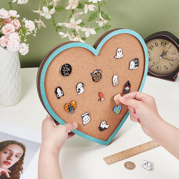 BENECREAT Light Sky Blue Heart Pin Cork Board, 10.6x11.8inch Bulletin Display Board Wall Mounted Cork Board for Brooch Pin Storage Display, Office Home and School Decor