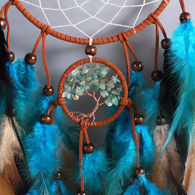 Feather Dream Catcher, Blue Tree of Life with Feathers Dreamcatcher Bead Wall Hanging Decor Indians Traditional Circular Net Hanging Art Ornament for Home Bedroom Decor(Blue)