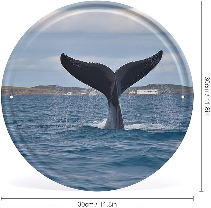 Wall Picture, with Whale Tail Printed Circular Iron Hanging Picture,Wall Art Decor,Home for Bedroom Living Room Bathroom Decor,Iron Painting 11.8X11.8 in