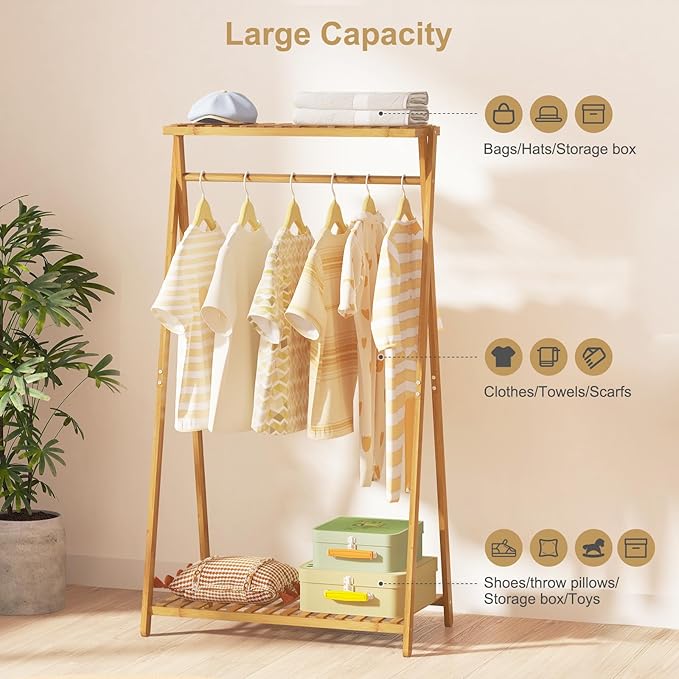 Bamboo Kids Clothing Rack,Small Dress Up Clothes Rack for Kids,Child Dress Up Rack with 2 Storage Shelves,Portable Garment Rack for Playroom Toddles Bedroom