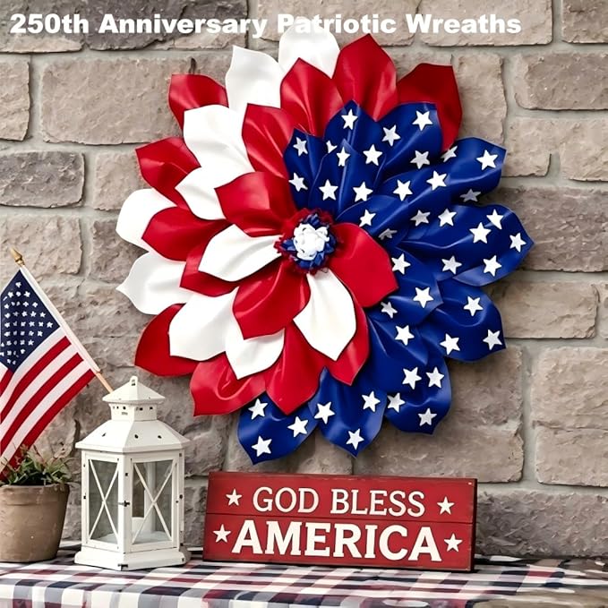 4th of July Decorations Outdoor Patriotic Wreaths for Front Door 250th Anniversary Decorations Red White and Blue American Flag Wreath (Red White and Blue American Flag)