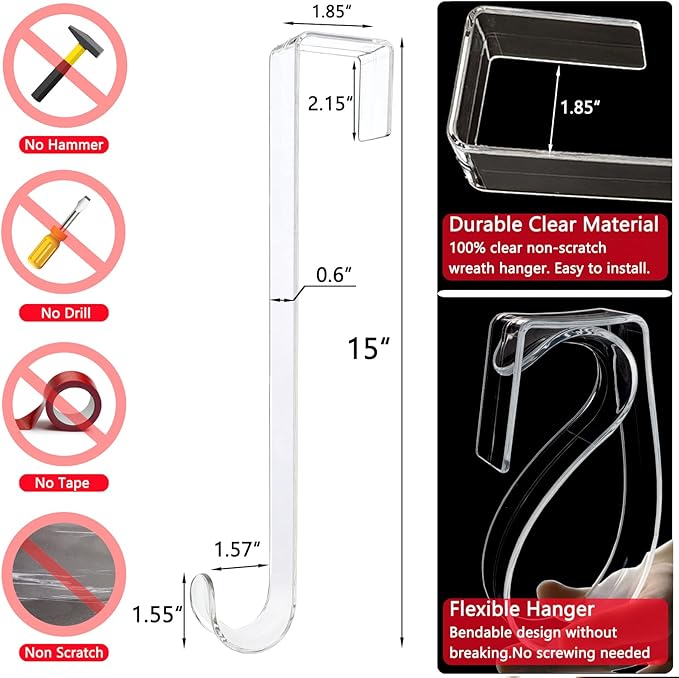 Clear Wreath Hanger Hooks, 15 in, 2 Pack Non Scratch Over The Door Hooks, Fall Halloween Christmas Decorations Indoor Outdoor, Welcome Sign for Front Door Decor