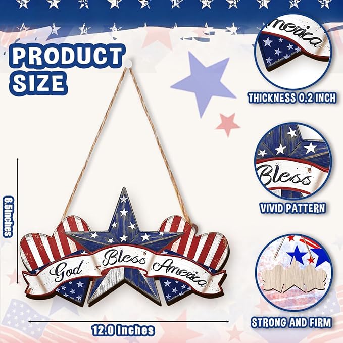 Wooden 4th of July Decorations Patriotic Wreath Independence Day Decorations Front Door with Star Sign god Bless America Sign Welcome Memorial Day Hanging for Home Wall Decor Outdoor Indoor