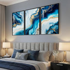 Large Framed Modern Elegant Abstract Wall Art for Living Room, 3 Piece Contemporary Blue and Gold Bright Prints Paintings Artwork for Walls, Luxury Pictures for Hallway Home Office Wall Decor 24x36 In