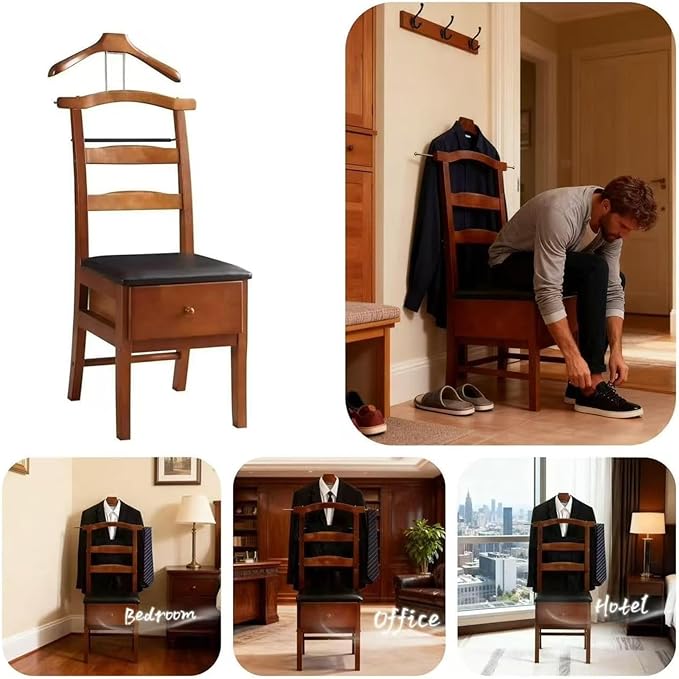 Chair Valet With Drawer,Wooden Suit Valet Stand With Contour Hanger,Trouser Bar & Tie Bar - Freestanding Clothing Organizer For Men & Women,Ideal For Office & Hotel
