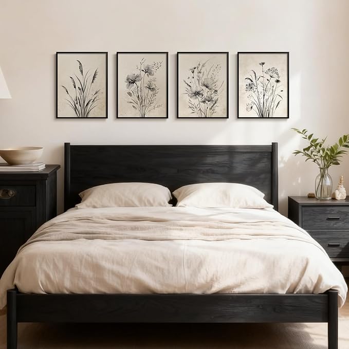 Framed Boho Vintage Botanical Wall Art, 4 Piece Black and White Floral Canvas Prints for Modern Farmhouse Bathroom, Natural Rustic Flower Artwork for Bedroom Kitchen Hallway Wall Decor, 11x14