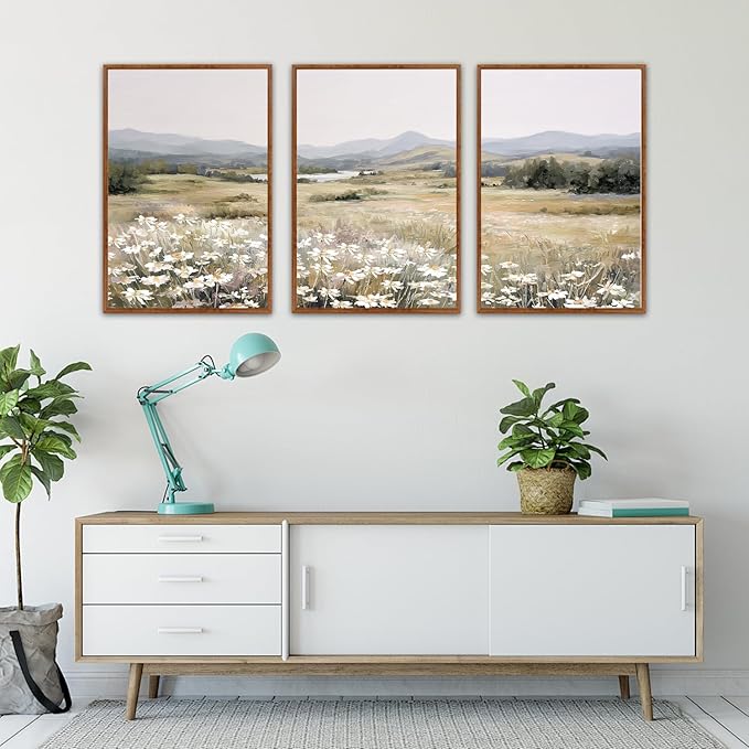 KAIRNE Landscape Canvas Wall Art,Boho Floral Prints Set of 3(24”X36”),Flower Garden Paintings,Wildflower Field Scene Wall Decor,Botanical Art for Living Room Bedroom Kitchen Farmhouse Decor,Framed