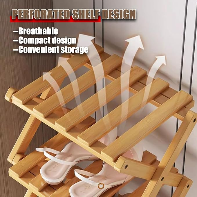The 9-Tier No-Assembly Bamboo Rack, Foldable Space-Saving Organizer for Shoes, No Assembly Narrow Shoe Shelf for Entryway Closet Dorm (Yellow, 3)