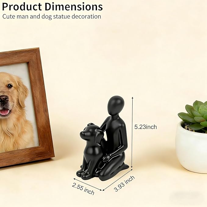 Dog Statue Home Decor, Man with Dog Sculpture for Desk Office Living Room, Hand-Painted Resin Figurine - Memory Gift for Pet Lovers, Dog Dad, Christmas & Housewarming (Black)