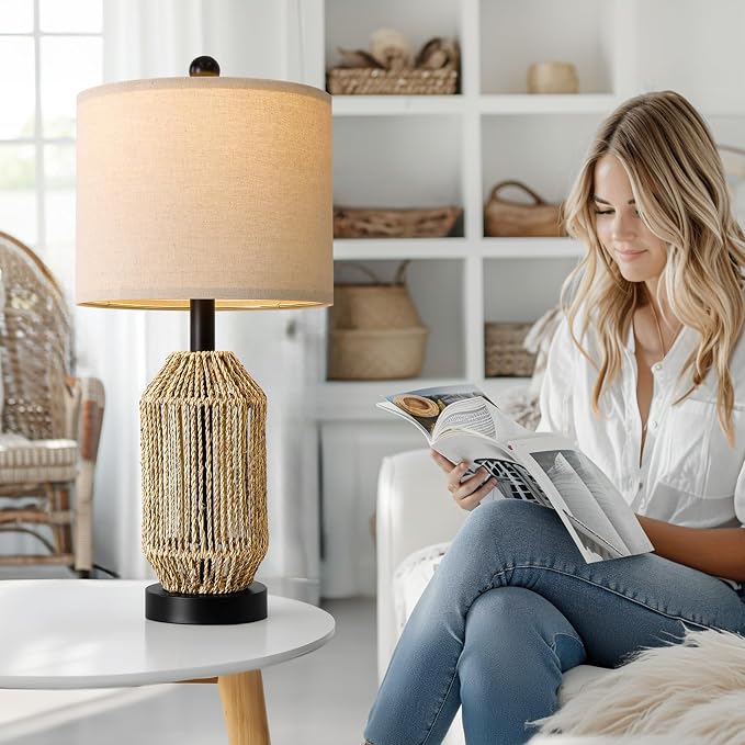 OYEARS 21" Boho Table Lamps Set of 2 for Living Room, Bedside Lamps for Nightstand, Rattan Lamp for Bedroom, Farmhouse Table Lamps for Boho Decor, End Table, Retro, Black