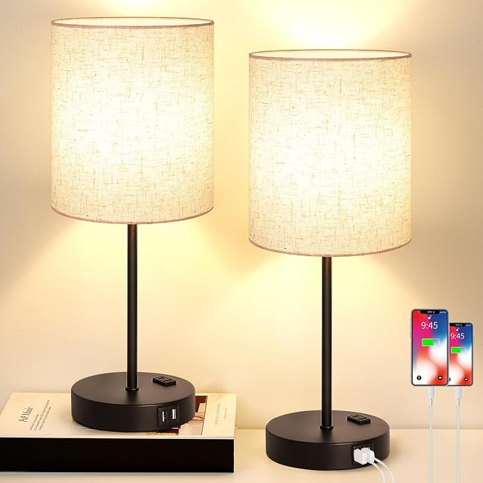 Lynnoland 2 Pack Touch Control Table Lamps with 2 USB & AC Outlet, 3-Way Dimmable Bedside Nightstand Lamps for Bedroom Living Room Nursery, 800 Lumens 3000K Warmlight Bulbs Included