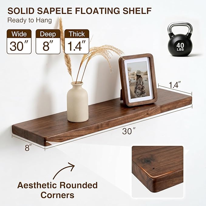 30 Inch Floating Shelves, Solid Wood Wall Shelves, 8 Inch Deep Floating Shelf – for Bathroom, Bedroom, Living Room, Kitchen, Home Decor & Storage, Heavy-Duty Wooden Shelf Wall-Mounted, Set of 2