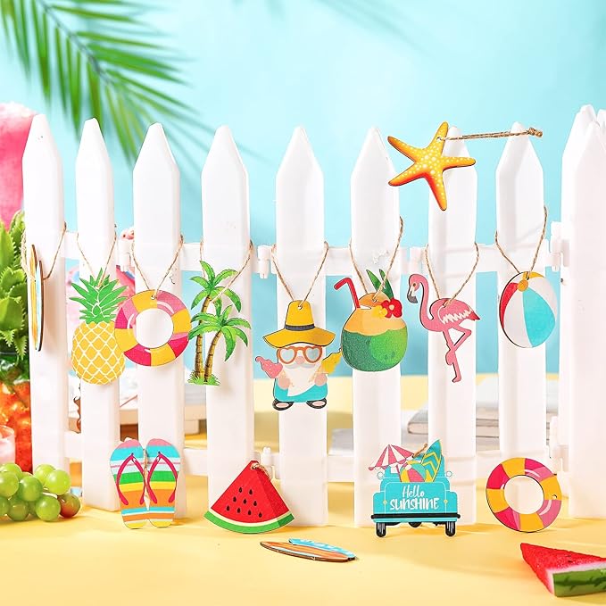 Geelin 36 Pcs Summer Wood Hanging Ornaments for Tree Mini Tree Decorations Hawaiian Beach Wooden Pendant Decorations with String for Luau Party Supplies(Classical)