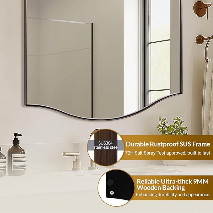 ANDY STAR 24"x36" Bronze Bathroom Mirror, Rectangle Scalloped Wall Mirror in Stainless Steel Metal Frame, Modern Brushed Bronze Finish with Curved Edge Design, Wall-Mount Vertically or Horizontally