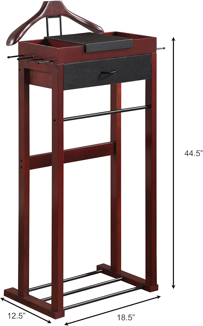 Proman Products Winston Freestanding Wooden Clothes Valet Stand Organizer with Hanger, Pant Rod, Drawer, Tie hook, Tray, Shoe Rack for men and women (Mahogany)