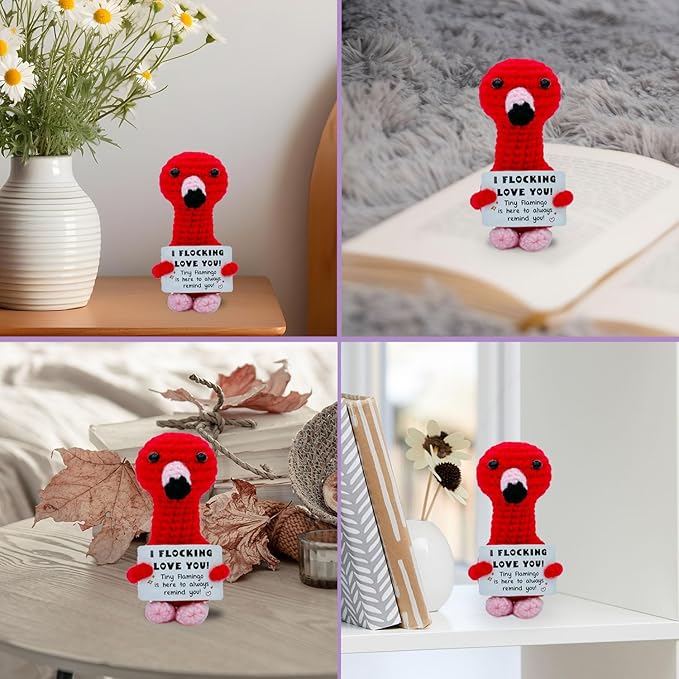 Valentines Day Decor, Positive Flamingo Gifts Love Support, Flamingo Desk Decorations Accessories for Women Men, Crochet Flamingo Doll with Emotional Cards