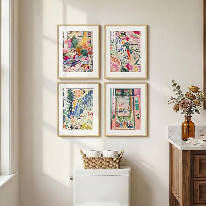Framed Matisse Wall Art Set of 4, Colorful Abstract Landscape Wall Painting Prints, Vintage Retro Aesthetic Wall Decor for Bathroom Bedroom Hallway Office 11x14 Inch