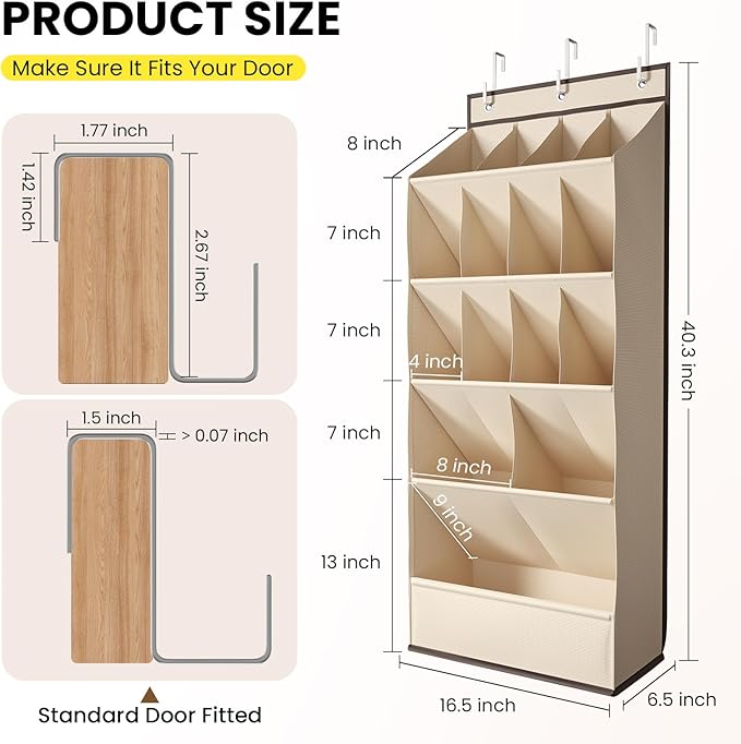 15 Pockets Over the Door Shoe Organizer, Shoe Rack for Closet Door with Large Breathable Pockets, Hanging Shoes Rack for Boots Size, Behind the Door Organizer Shoe Holder for Flexible Storage, Beige ﻿