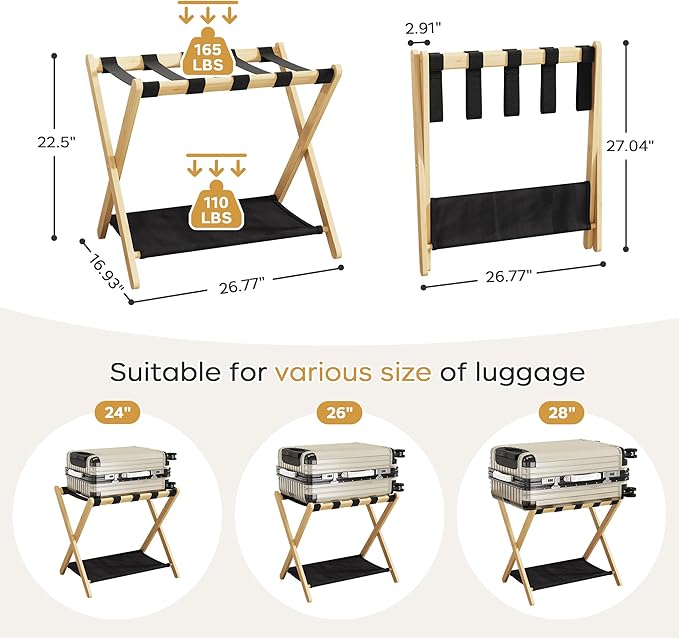 26.77" Full Assembled Luggage Rack for Guest Room, Set of 1 Bamboo Foldable Suitcase Stand, Bedroom & Hotel, Folding Luggage Holder with 5 Nylon Straps, 600D Oxford Fabric Shelf Natural Wood