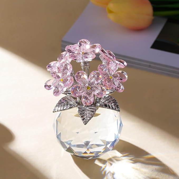 Arikyrist Crystal Forget-Me-Not Bouquet Figurines Gifts for Her Pink Flowers Collectible Decoration for Living Room Romantic Presents for Women Wife Mom Birthday Anniversary