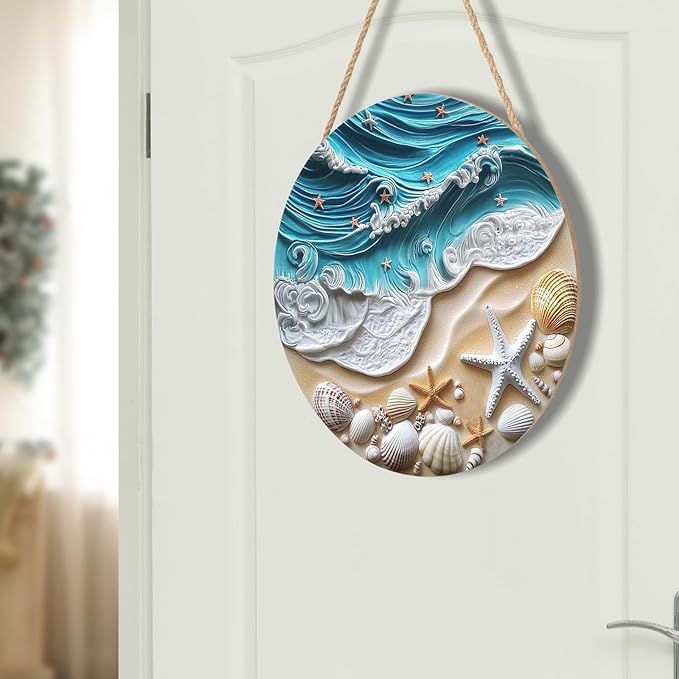 Beach Signs Coastal Coral Wreath for Front Door Hello Summer Door Hanger Nautical Sea Welcome Sign Ocean Starfish Theme Decorations Wooden Plaque for Indoor Wall Hanging Outdoor Outside Porch 12"x12"