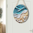 Beach Signs Coastal Coral Wreath for Front Door Hello Summer Door Hanger Nautical Sea Welcome Sign Ocean Starfish Theme Decorations Wooden Plaque for Indoor Wall Hanging Outdoor Outside Porch 12"x12"