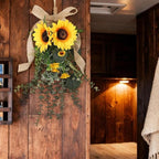 Sunflower Swag Lifelike Rustic with Green Leaves Garland Adornment Spring Summer Door Wreath Flower Swag for Holiday Window