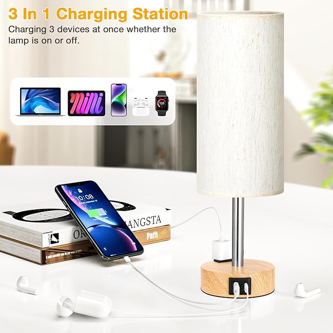 Touch Bedside Table Lamps Set - 3 Way Dimmable Bedroom Lamps Set of 2 with USB C & A Ports, Small Lamps for Nightstand with AC Outlet, Small Desk Lamp for Office, Dorm, Nursery - Dorm Room Essentials