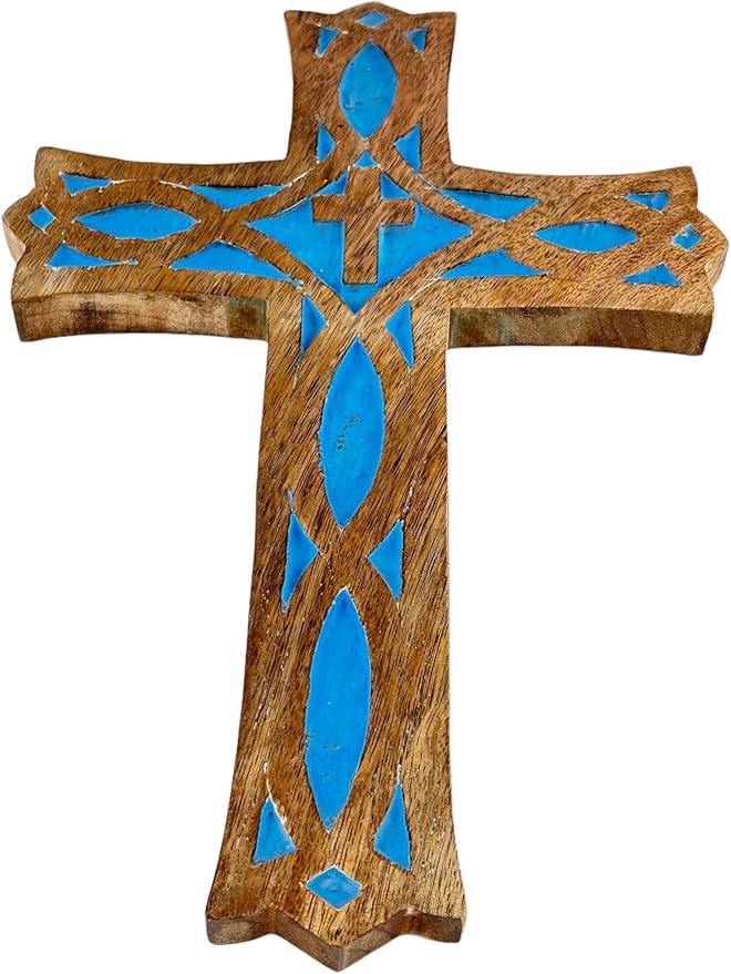 S.B.ARTS Wooden Wall Cross Handmade Wall Crucifix with Hand Carvings Cross for Baptism Gifts - Christians Spiritual Hanging Ornament for Wall Decor and Church - (Blue, 12 Inches)