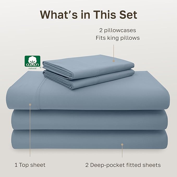California Design Den Split King Sheet Set - 100% Cotton, 600 Thread Count, Breathable Luxury King Size Sheets for Adjustable Bed, Luxury Soft Hotel-Quality Sheets with Sateen Weave - Pastel Blue