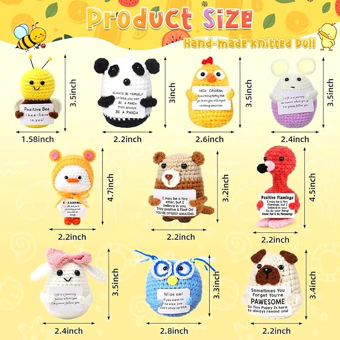 HunnmingRe 12 Pcs Cute Crochet Doll with Positive Card Soft Wool Animals Creative Knitting Dolls for Positive Support Inspirational Birthday Encouragement Gift(Animal Style)