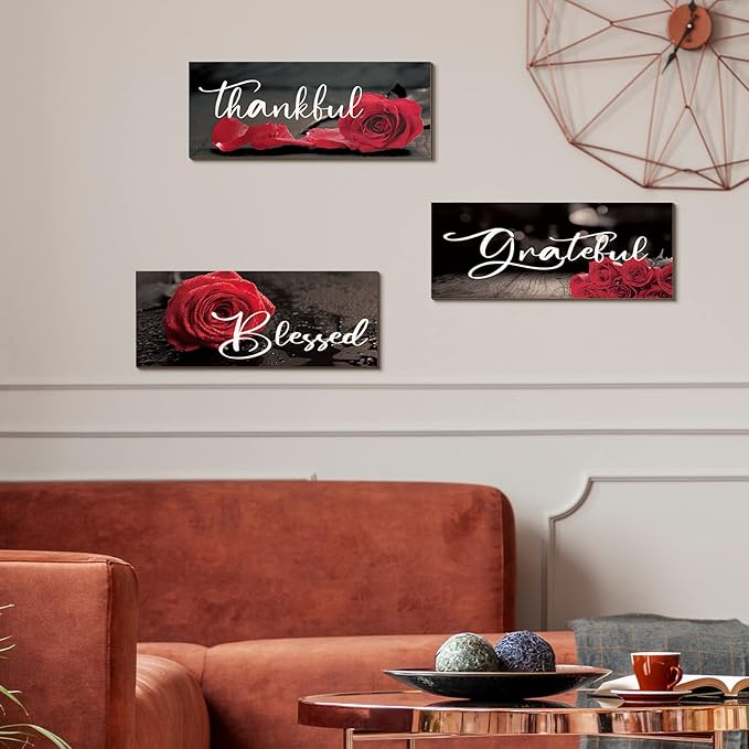 Hillban 3 Pieces Rose Wooden Wall Decor Rose Bathroom Decor Thankful Grateful Blessed Accessories Inspirational Wall Art Signs for Living Room Kitchen Wedding(16 x 6 Inch,Red)
