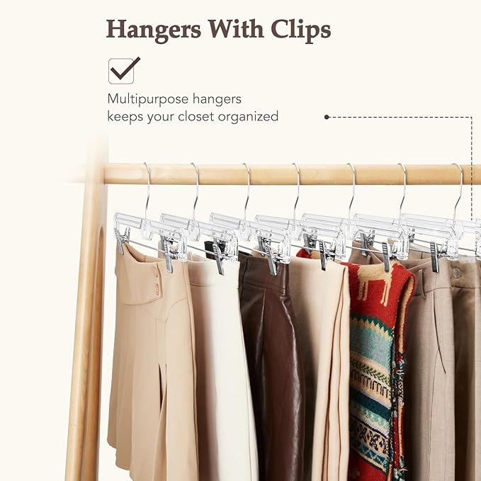 HOUSE DAY Clear Pants Hangers with Clips 300 Pack, Non-Slip Plastic Skirt Hanger with Adjustable Clips, Slim Clip Hangers for Pants, Skirts, Shorts, 14" Clear Hanger, 360-Rotating Swivel Hook