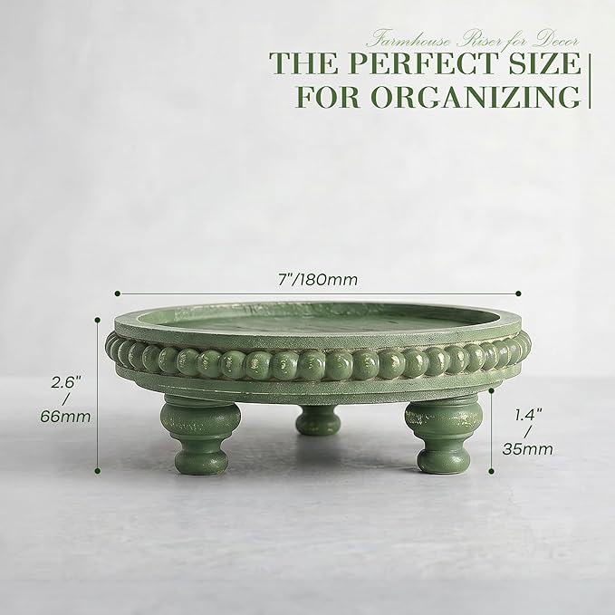 EOSAHR Round Pine Wooden Riser for Home Decor - Beaded Decorative Tray for Coffee Table - Wood Riser for Small Plant Stand & Sink Sponge Holder, Perfume Display Stand (Green)