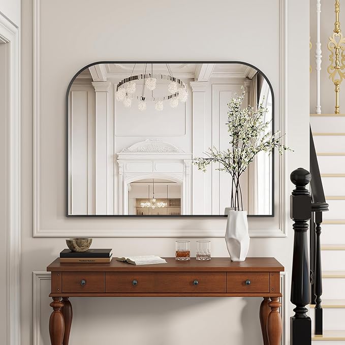 Black Wall Mounted Bathroom Mirror - 36 x 24 Inch Round Cruved Top Right Angle Bottom Wall Mirror, Aluminum Metal Framed, Decor for Living Room, Bedroom, Fireplace, Mantle, Entryway