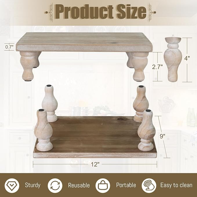 MAONAME Decorative Wooden Display Riser, Farmhouse Wood Pedestal Stand for Display, Rustic Washed White Tray Riser for Kitchen, Home Table Decor, Short and Tall Footed