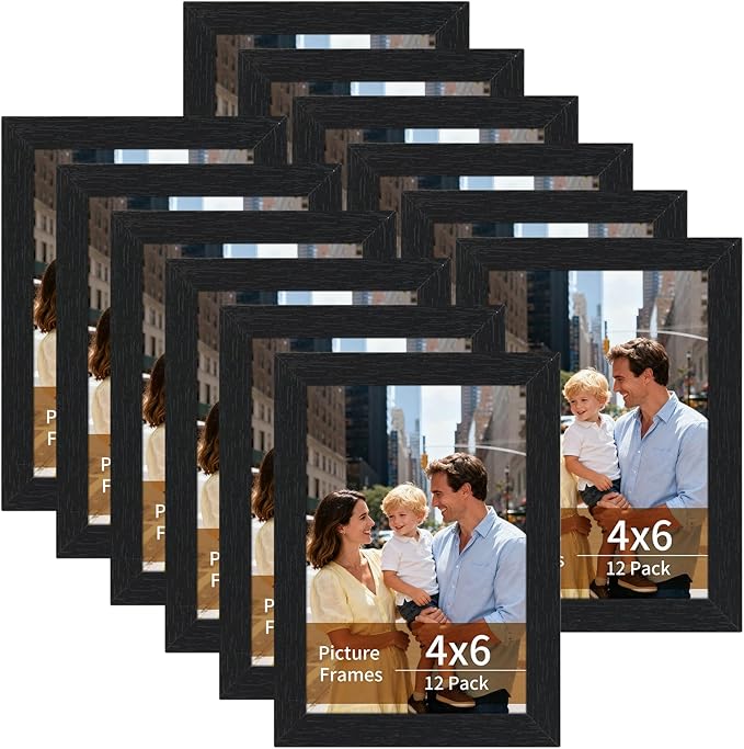 Lyeasw 4x6 Picture Frames Black 12 Pack, Matted Wood Grain Lightweight 4 x 6 Photo Frames for Wall Collage and Desk & Home Decor, with Horizontal or Vertical Placement.