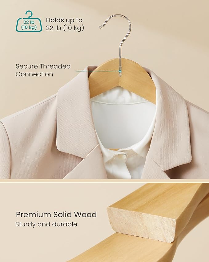 SONGMICS Extra Wide Wooden Suit Hangers, Set of 10 Clothes Hangers, Swivel Hooks, Non-Slip Bars, for Outfits, Suits, Coats, Shirts, Dresses, Natural Color UCRW050KZ02